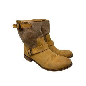 Anthro Lockeed Round Toe Buckle Boots Womens 39 Tan Leather Block Heel Boho Moto